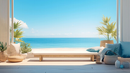 Obraz premium Beachfront patio with ocean view on sunny day