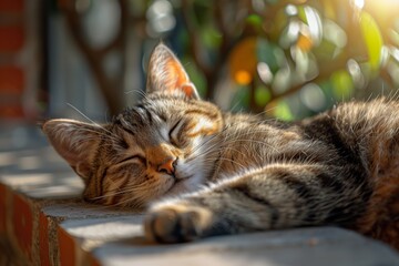 Tabby Cat Napping in Sunlight on Brick Wall