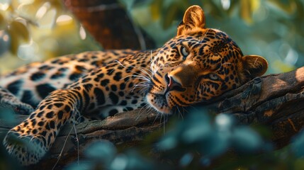 A regal jaguar lounging on a branch in a lush rainforest, 4k wallpaper. Generative AI