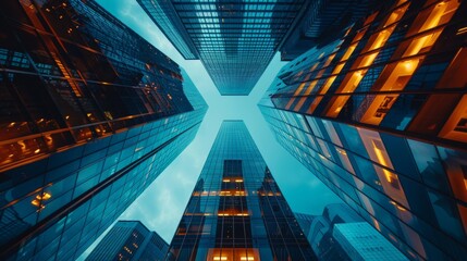 Skyward view of tall financial buildings lit up in blue and orange hues.