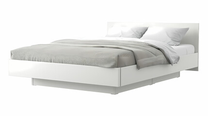 The modern IKEA bed frame with a low profile and white laminated finish, front side, isolated white background
