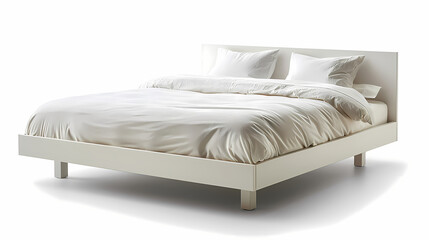 The modern IKEA bed frame with a low profile and white laminated finish, front side, isolated white background