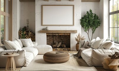 Rustic living room with a blank frame above the fireplace