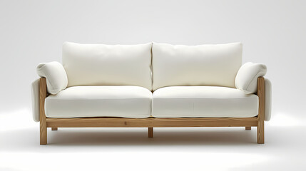 The minimal IKEA sofa frame with a low profile and white laminated finish, front side, isolated white background