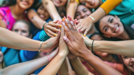 Fototapeta premium A group of diverse friends forms a circle, their hands stacked in the center, expressing unity and joy