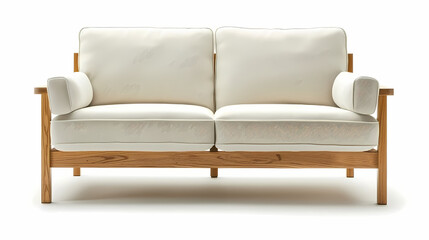 The minimal IKEA sofa frame with a low profile and white laminated finish, front side, isolated white background