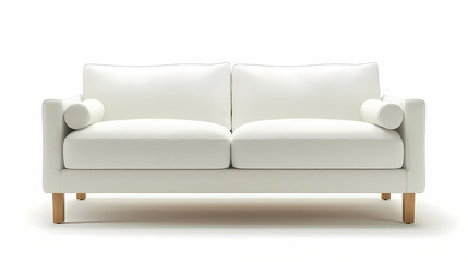 The minimal IKEA sofa frame with a low profile and white laminated finish, front side, isolated white background