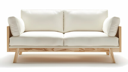 The minimal IKEA sofa frame with a low profile and white laminated finish, front side, isolated white background