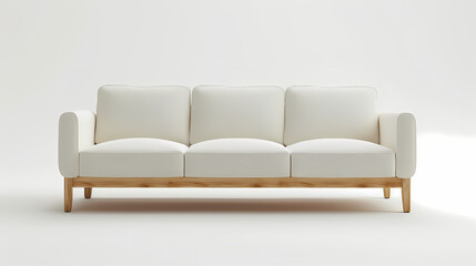 The minimal IKEA sofa frame with a low profile and white laminated finish, front side, isolated white background