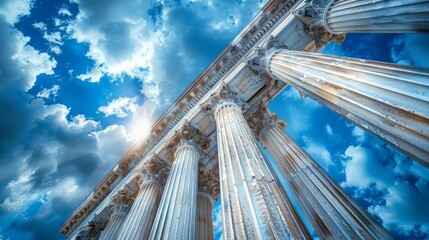 Obraz premium A breathtaking view of towering ancient columns set against a vibrant blue sky with scattered clouds, highlighting classical architecture and the grandeur of historical structures.