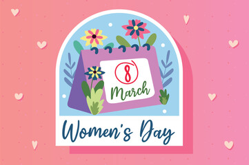 Women's Day sticker concept in flat cartoon design. A calendar with the eighth of March marked around it, decorated with flowers, is depicted on a bright background. Vector illustration.