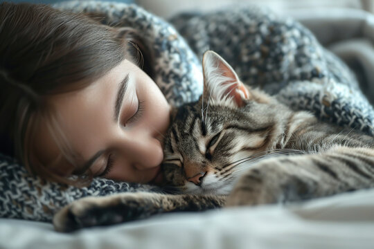 Young sleeping woman relax with her domestic cat. Celebrating Lazy Day in August 10