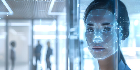 Conceptual Visualization of Biometric Facial Recognition Technology in a High-Tech Modern Office Environment with Digital Interface Overlay