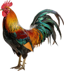 Fototapeta premium Colorful rooster with vibrant feathers stands tall on a white background. Perfect for farm and animal-themed projects.