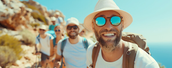Group of friends in hats and sunglasses hiking along a rocky trail on a sunny day, smiling and enjoying the outdoors together.