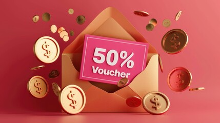 50% off voucher in an envelope with dollar coins on a pink background, representing a special discount or sale promotion.