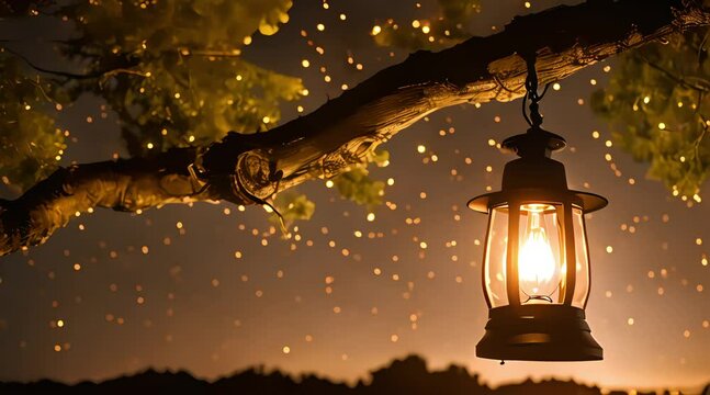 Decorated lanterns hung on tree branches, with night scenes and twinkling starlight, 4k resolution footage, generated ai