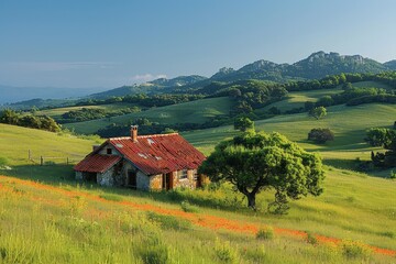 A peaceful countryside scene with rolling hills, a small farmhouse, and a clear blue sky. 