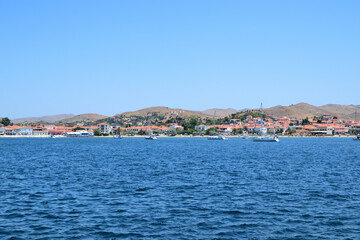 Fototapeta premium view of the town - Tourkikos Gialos bay, Myrina town, Lemnos island, Greece, aegean sea