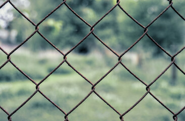 Fototapeta premium Close-up of a rusty wire fence against a natural background. Disturbing color grading, for a disquieting look of confinement.