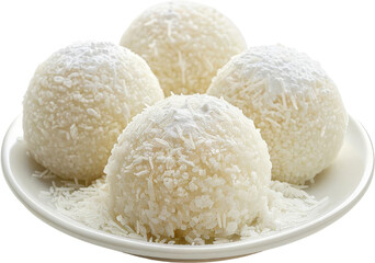 Close-up of four snowball-like coconut sweets on a white plate, showcasing the texture and delicious appeal of these white desserts.