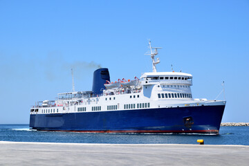 Big tall ship - ferryboat at entrance in port - Myrina, Lemnos island, Greece, aegean sea