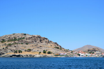 the hill of the fortress at the entrance to the port - Myrina, Limnos (lemnos) island, Greece, aegean sea