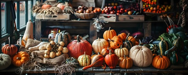 Rustic Autumn Harvest Market Display of Fresh Squash and Pumpkins