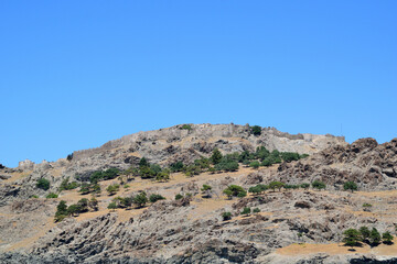 the hill of the fortress at the entrance to the port - Myrina, Limnos (lemnos) island, Greece, aegean sea