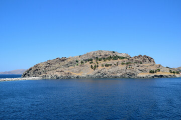 the hill of the fortress at the entrance to the port - Myrina, Limnos (lemnos) island, Greece, aegean sea