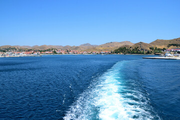 on my way - seascape - the ship's wake (backwater, swirl), a lot of blue at port departure - Myrina town, Lemnos island, Greece, aegean sea