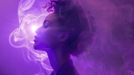 Profile of Afro woman surrounded by ethereal purple smoke