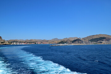 on my way - seascape - the ship's wake (backwater, swirl), a lot of blue at port departure - Myrina town, Lemnos island, Greece, aegean sea