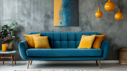 Teal sofa with vibrant yellow pillows against green waLL ai generative