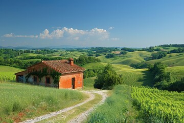 A peaceful countryside scene with rolling hills, a small farmhouse, and a clear blue sky. 
