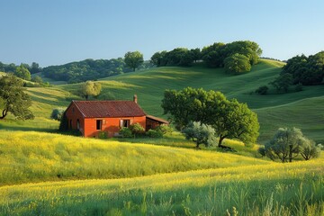 Obraz premium A peaceful countryside scene with rolling hills, a small farmhouse, and a clear blue sky. 