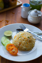 Thai breakfast star, fried rice with pork and egg, Thai food.