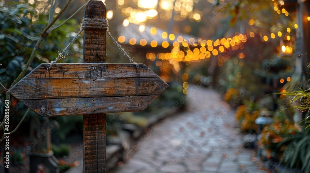 Poster a rustic wooden sign on a garden path adorned with soft bokeh lights at dusk, evoking a charming and