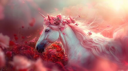 Majestic white unicorn adorned with a floral wreath, standing in a dreamy, pink-toned landscape, exuding fantasy and magic.