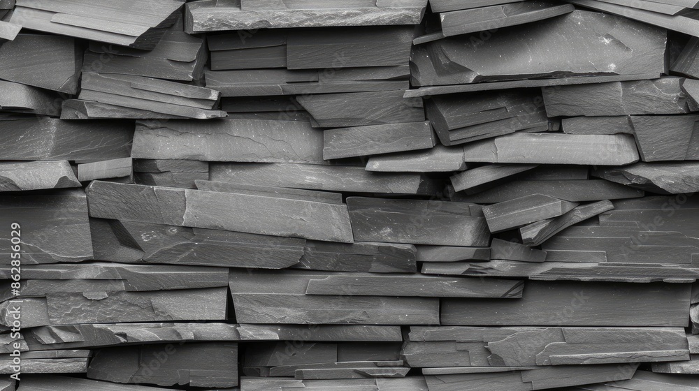 Poster close-up photograph of a wall made from stacked grey slate stones, showcasing the texture and patter