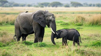 Fototapeta premium Mother and Calf: A tender moment between a mother elephant and her calf.