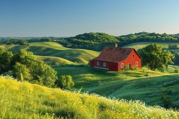 Obraz premium A peaceful countryside scene with rolling hills, a small farmhouse, and a clear blue sky. 