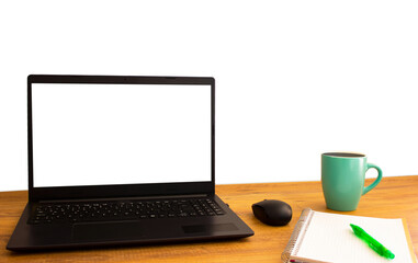Fototapeta premium Mock up laptop screen in front of white background and on wooden work desk. Workspace and blank computer screen display with copy space.