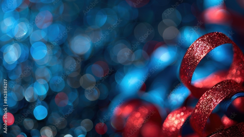 Aufkleber close-up of sparkling red and blue ribbons against a backdrop of shimmering bokeh lights, creating a