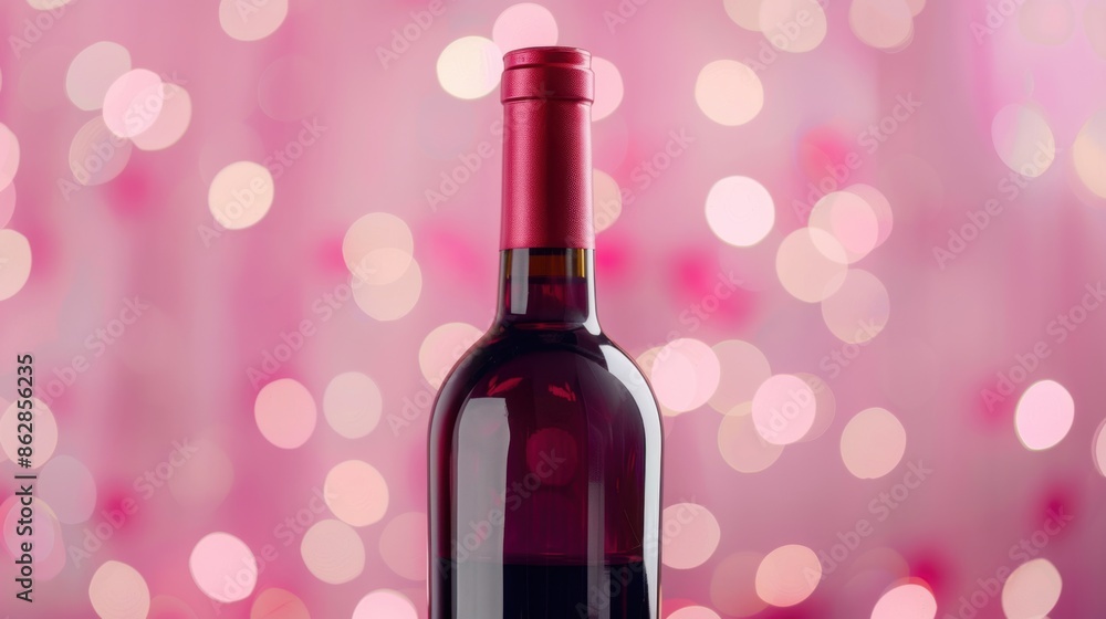 Poster a red wine bottle standing against a soft pink bokeh background, creating a festive and romantic vis