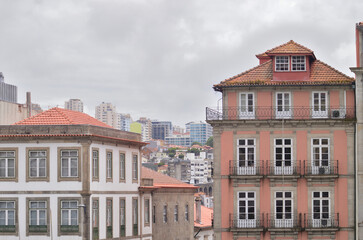View of the city of Porto and Vila Nova de Gaia, with tops of old and modern buildings, northern Portugal