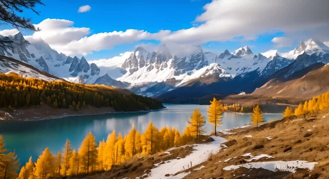 Autumn mountain landscape with yellow larches and snowy peaks.