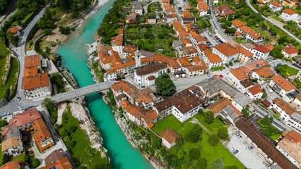 Sunny Day Aerial Photography of Kal na Soci Architecture in Slovenia