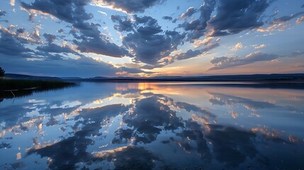 Dramatic sky over a serene lake with clouds reflecting in the undisturbed water at sunset