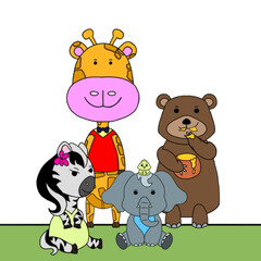 animals set 2.
Set of cute wild animals.  Consisting of a young giraffe, a young zebra, and a honey-eating bear.  And the little elephant has a bird friend.